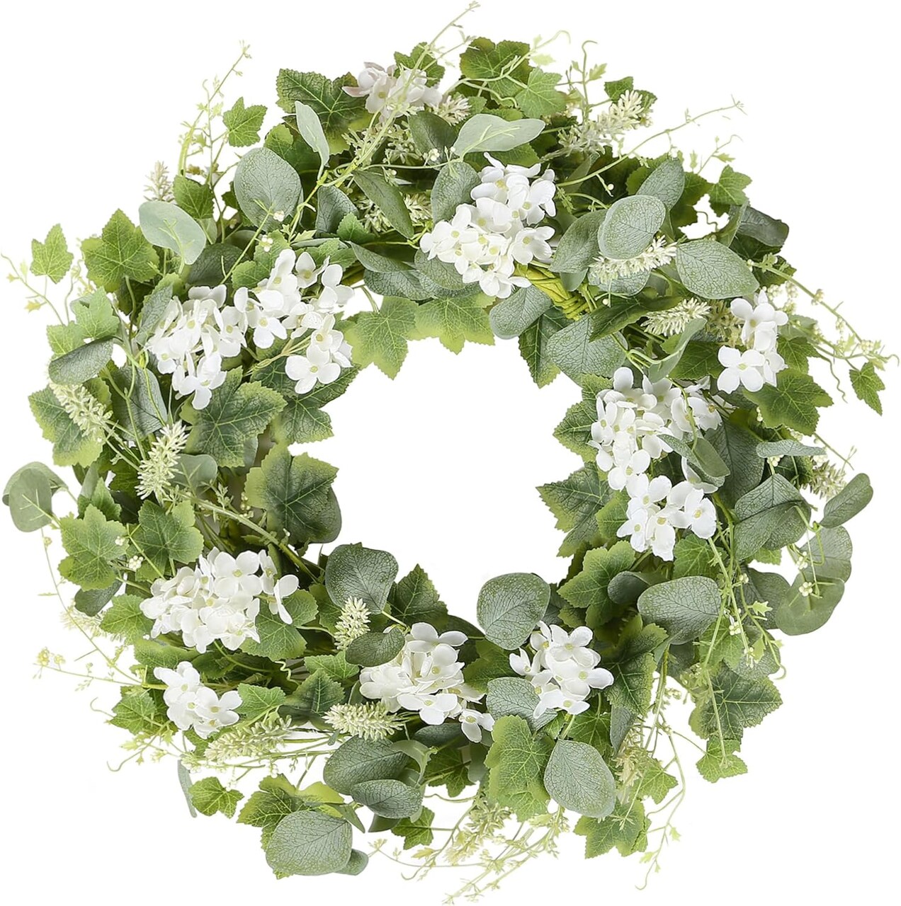 Spring Wreaths for Front Door White Flowers Grapevines Green Eucalyptus Leaves
